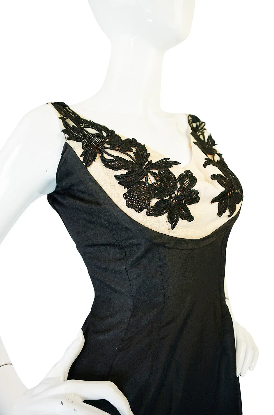 1950s Floral & Nude Applique Bust Black Silk Bombshell Dress