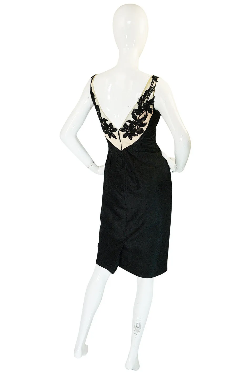 1950s Floral & Nude Applique Bust Black Silk Bombshell Dress