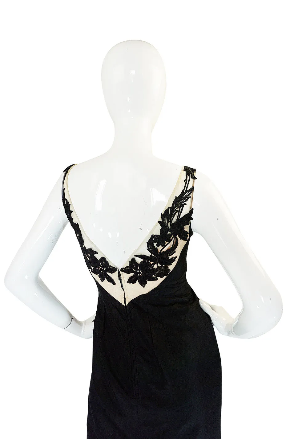 1950s Floral & Nude Applique Bust Black Silk Bombshell Dress