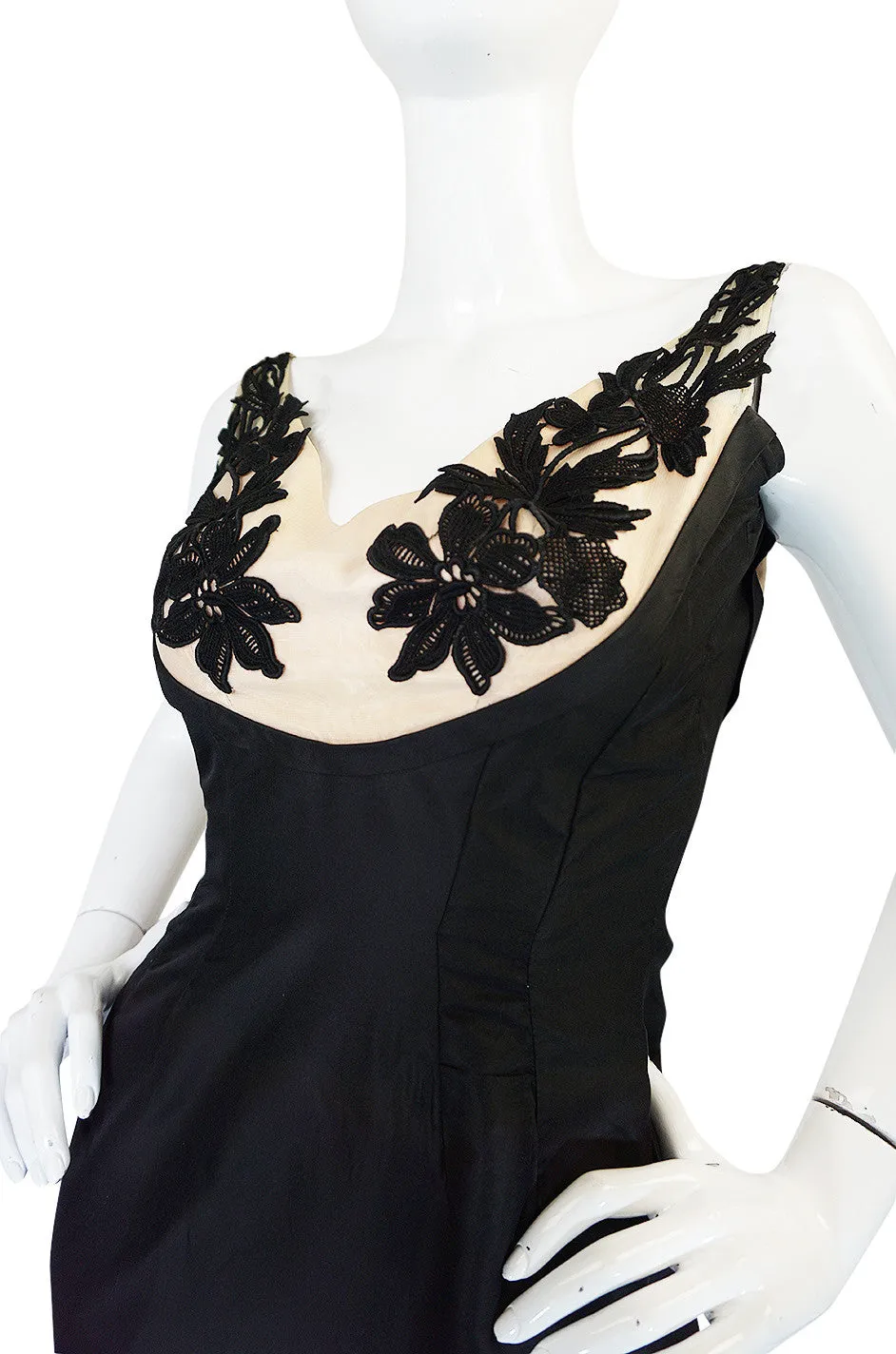 1950s Floral & Nude Applique Bust Black Silk Bombshell Dress