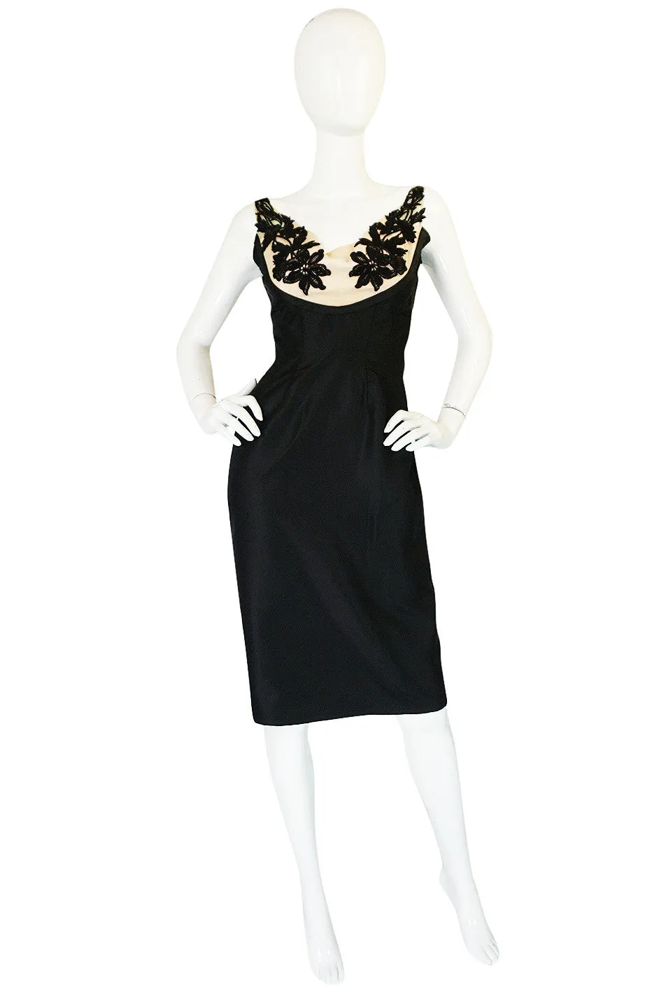 1950s Floral & Nude Applique Bust Black Silk Bombshell Dress