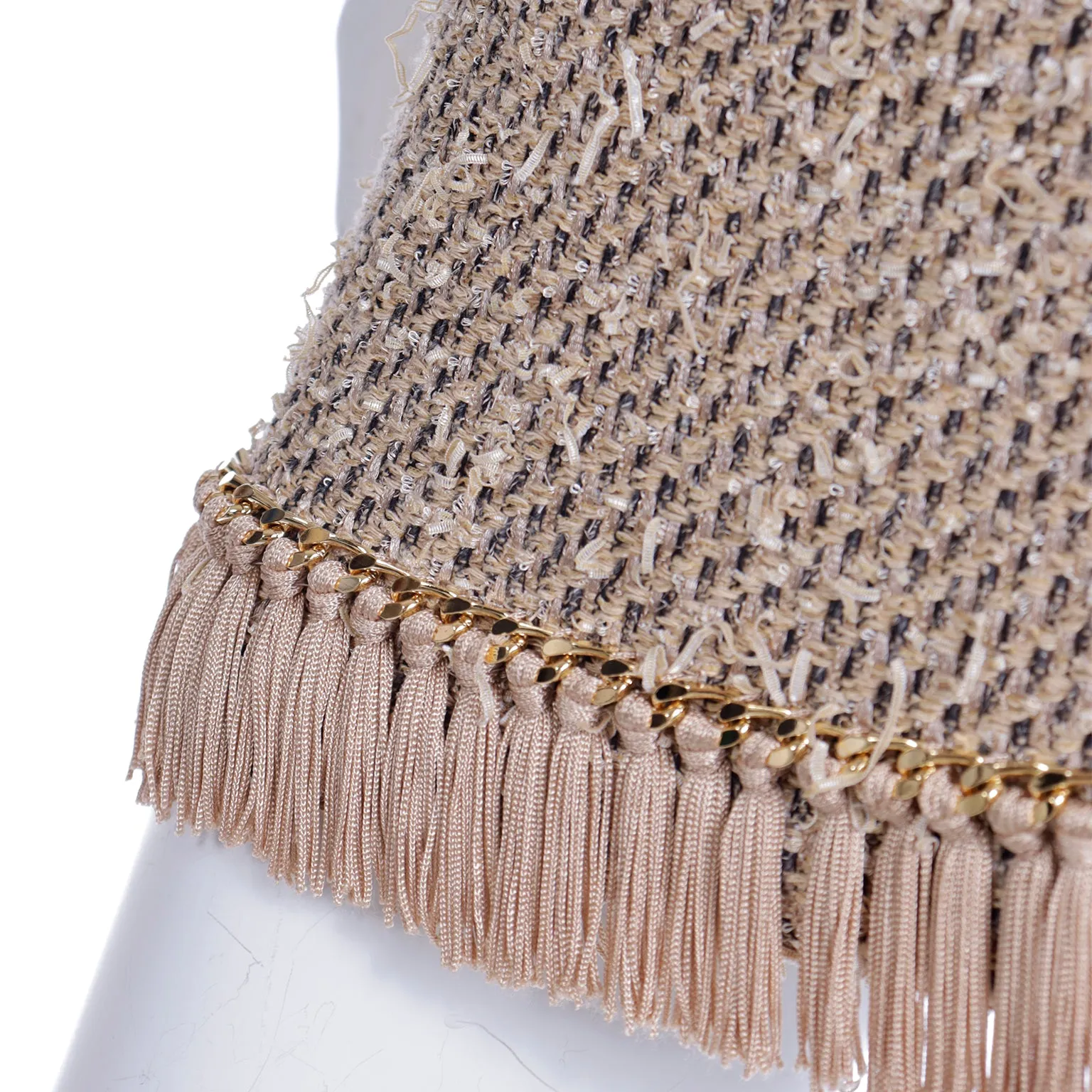 2000s Vintage Moschino Beige Woven Fringe Mini Skirt w Gold Chain