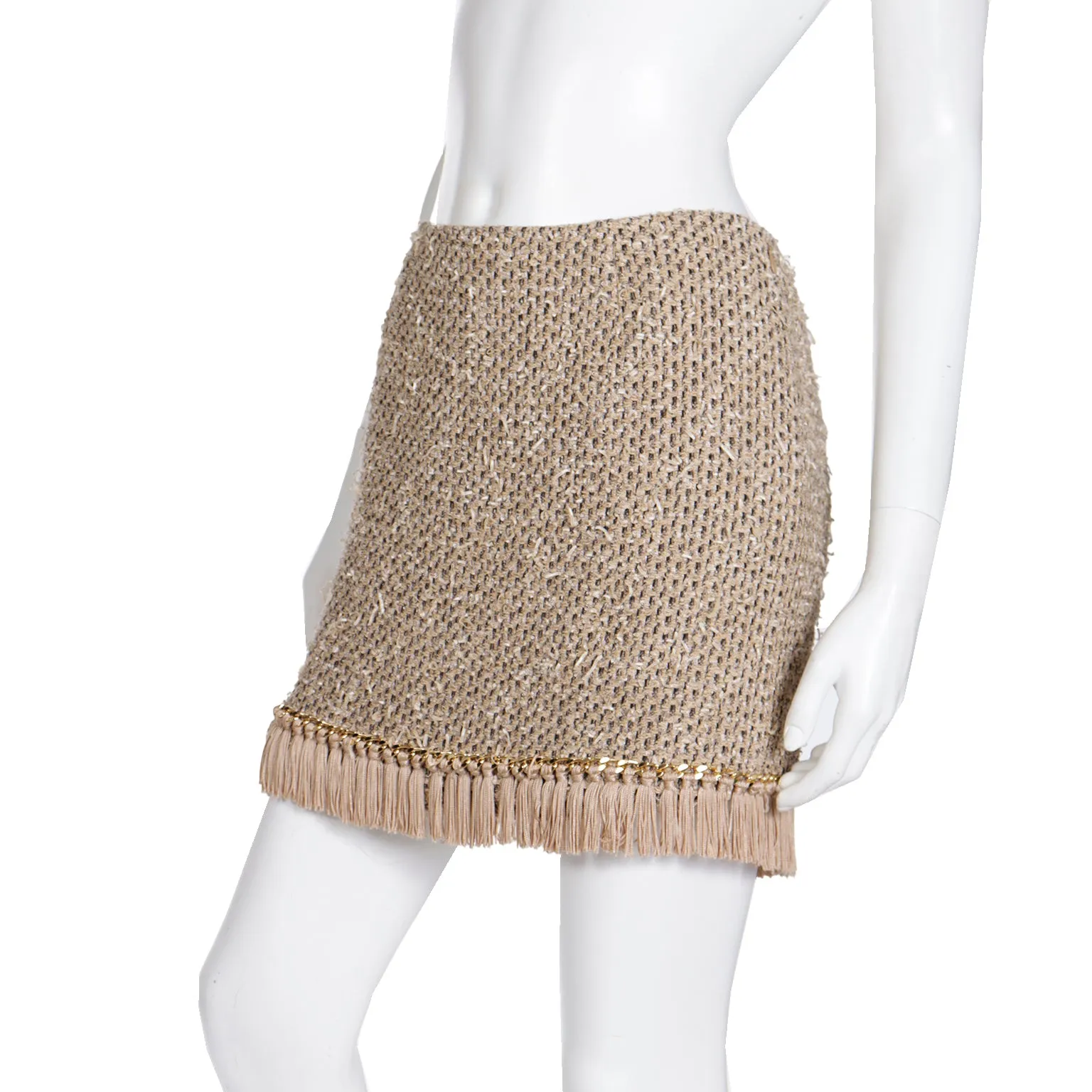 2000s Vintage Moschino Beige Woven Fringe Mini Skirt w Gold Chain