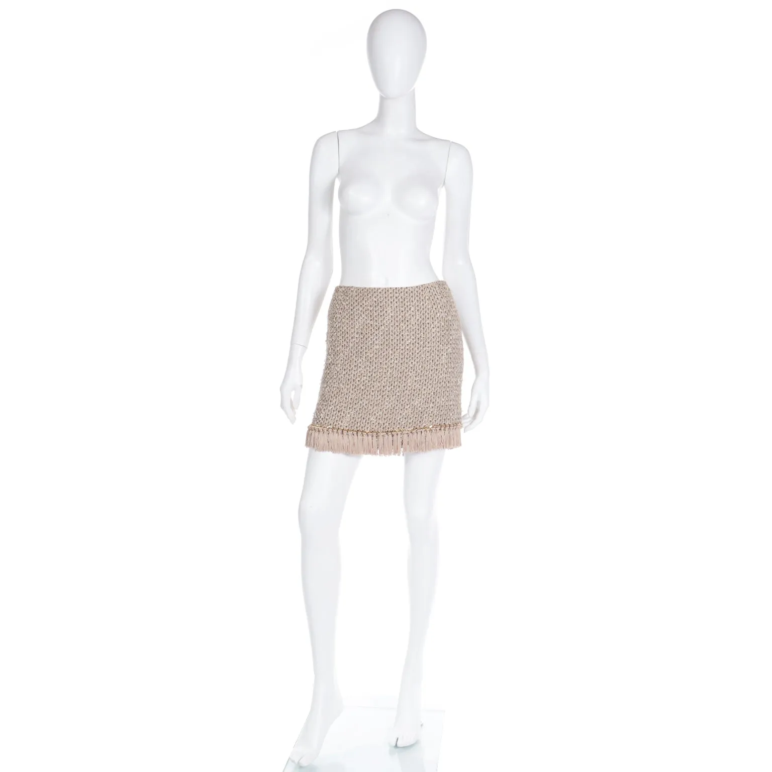 2000s Vintage Moschino Beige Woven Fringe Mini Skirt w Gold Chain