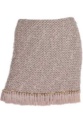 2000s Vintage Moschino Beige Woven Fringe Mini Skirt w Gold Chain