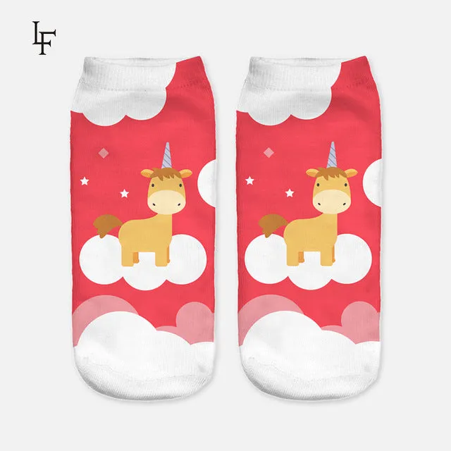 2017 Harajuku 3D Print Unicorn Socks Women Kawaii Ankle Licorne Chaussette Femme Calcetines Mujer Cute  Emoji Art Socks ws66