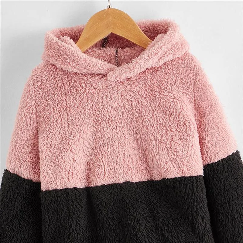 2021 Autumn Winter Children's Solid Color Contrast Multi Panel Hooded Furry Sweater