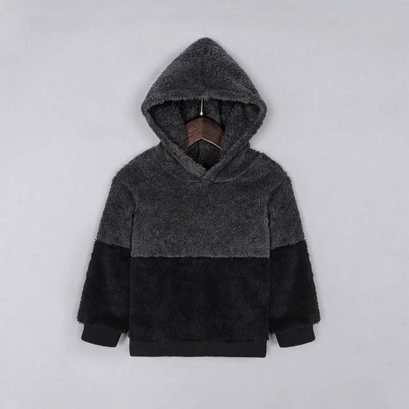 2021 Autumn Winter Children's Solid Color Contrast Multi Panel Hooded Furry Sweater