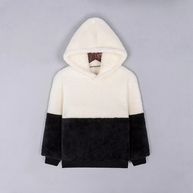 2021 Autumn Winter Children's Solid Color Contrast Multi Panel Hooded Furry Sweater