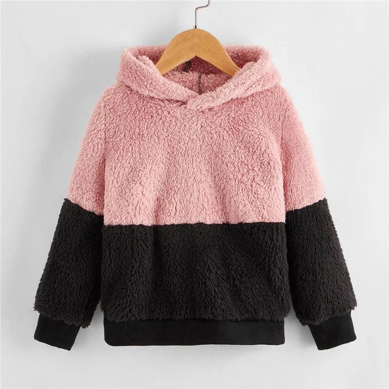 2021 Autumn Winter Children's Solid Color Contrast Multi Panel Hooded Furry Sweater