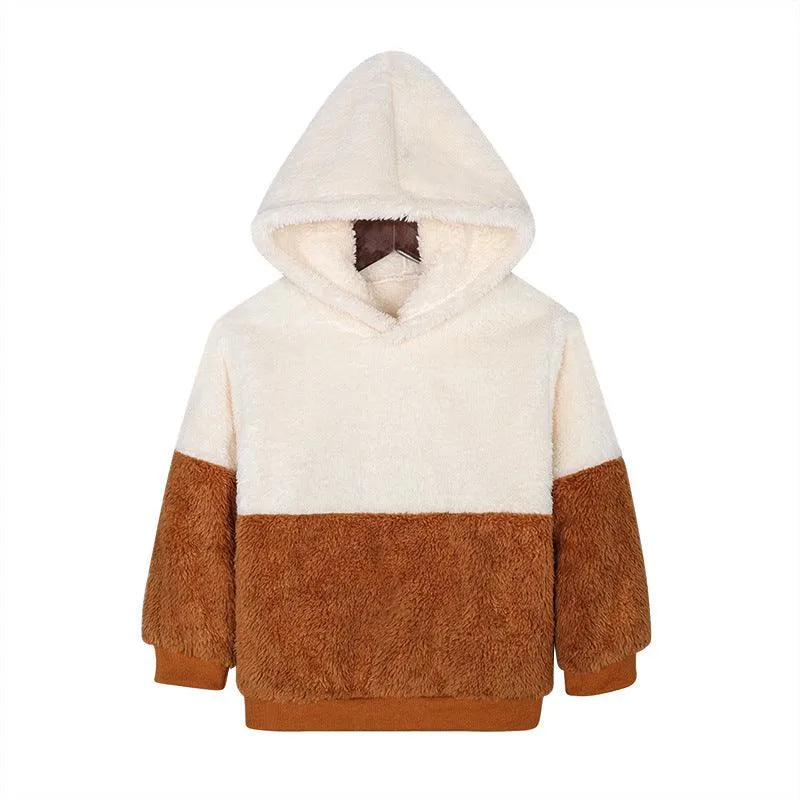 2021 Autumn Winter Children's Solid Color Contrast Multi Panel Hooded Furry Sweater