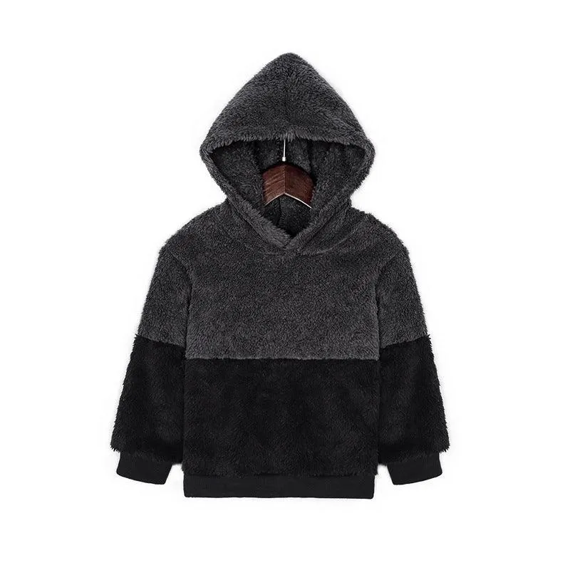 2021 Autumn Winter Children's Solid Color Contrast Multi Panel Hooded Furry Sweater