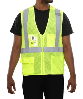 508SXLM Safety Vest: Clear ID Pocket: 5pt Breakaway: X-Back Lime Zip Mesh