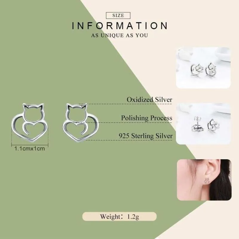 925 Sterling Silver Cute Cat Stud Earrings ( sterling silver charms )