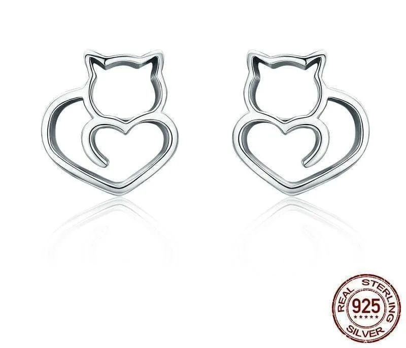 925 Sterling Silver Cute Cat Stud Earrings ( sterling silver charms )