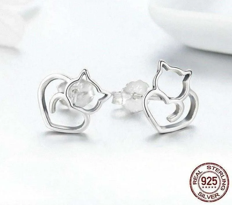 925 Sterling Silver Cute Cat Stud Earrings ( sterling silver charms )