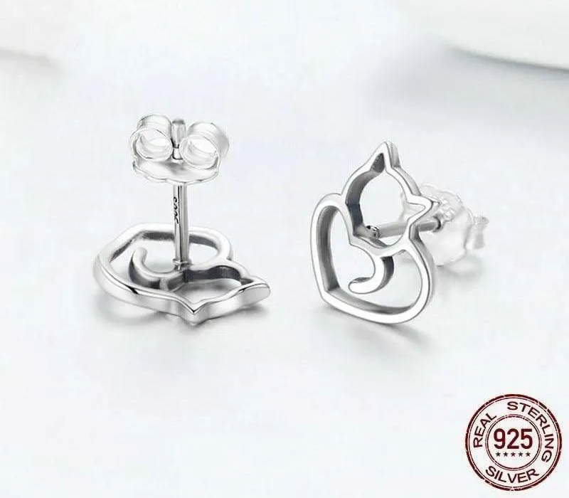 925 Sterling Silver Cute Cat Stud Earrings ( sterling silver charms )