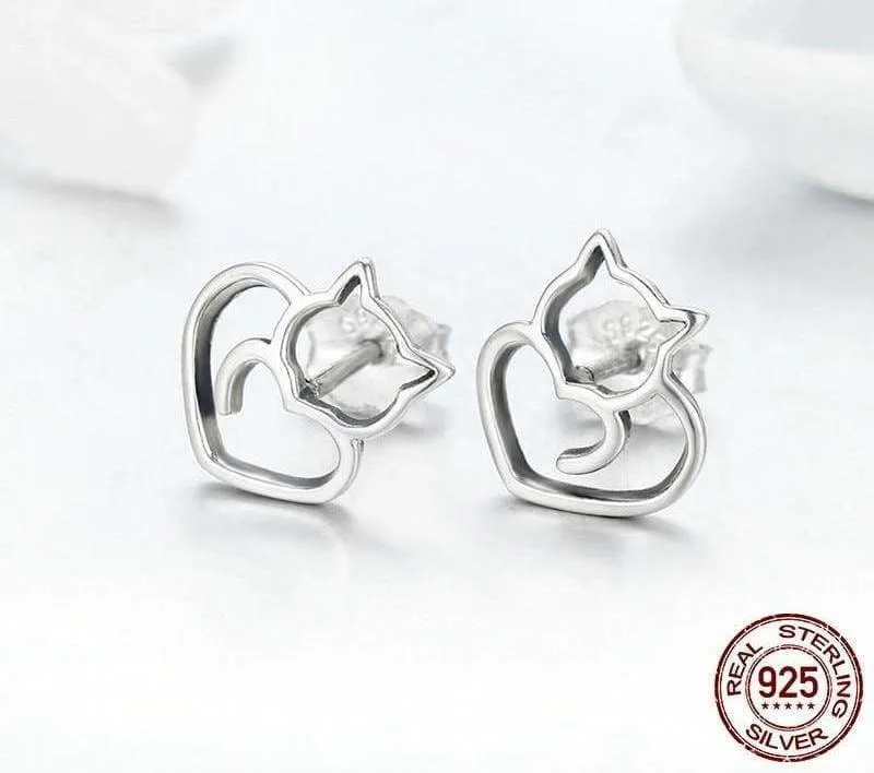 925 Sterling Silver Cute Cat Stud Earrings ( sterling silver charms )