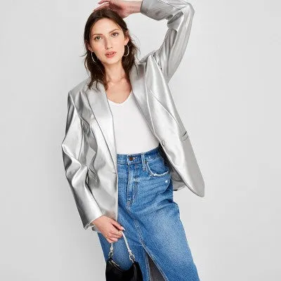 A New Day Women's Button Up Faux Leather Blazer Jacket