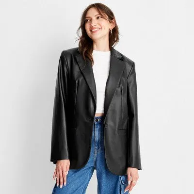 A New Day Women's Button Up Faux Leather Blazer Jacket