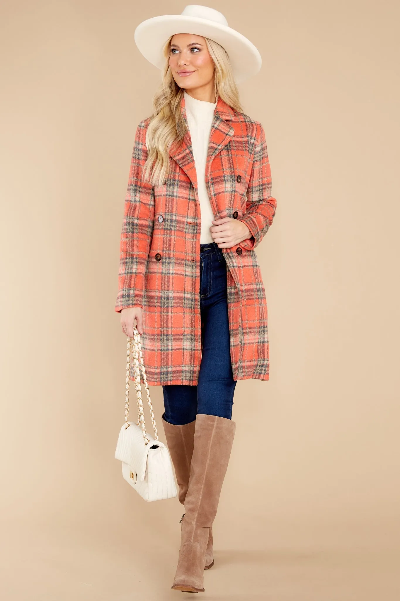 Always A Possibility Coral Orange Plaid Coat