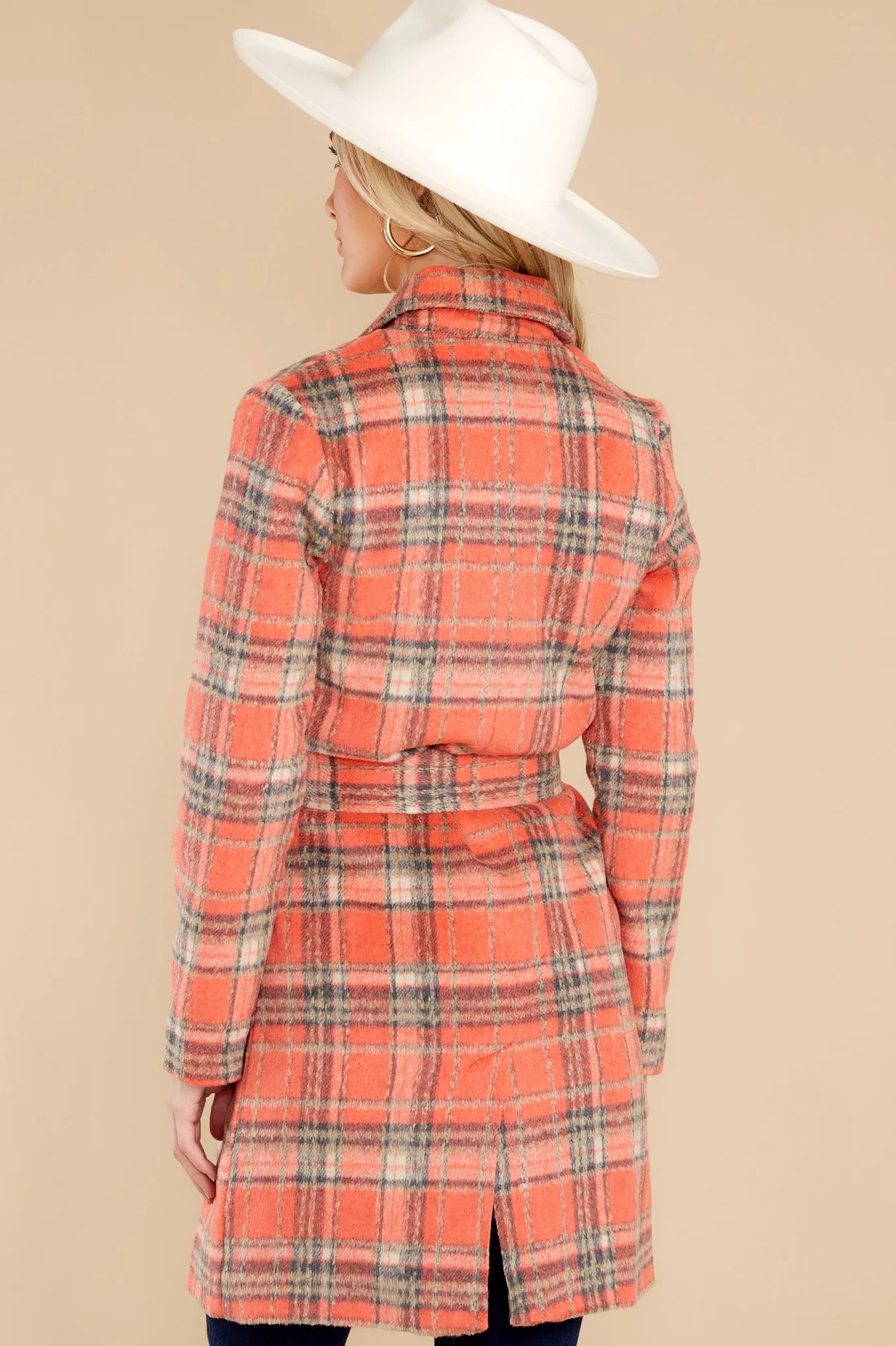 Always A Possibility Coral Orange Plaid Coat