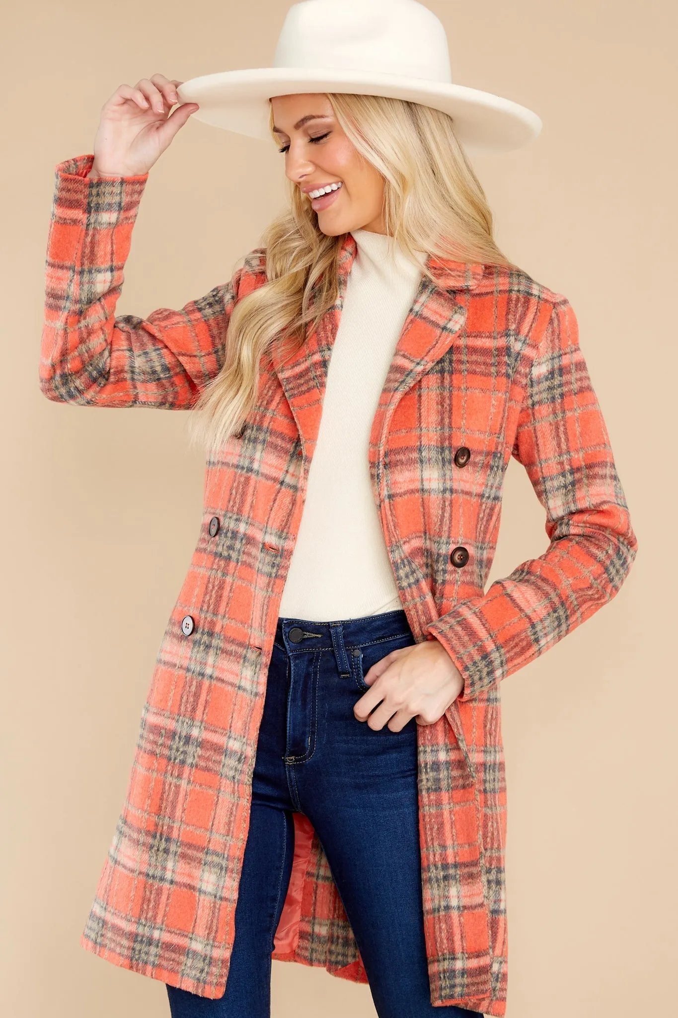 Always A Possibility Coral Orange Plaid Coat