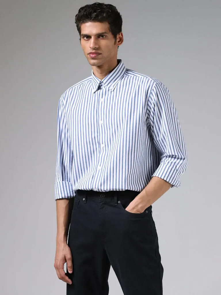 Ascot White and Blue Striped Cotton Relaxed-Fit Shirt