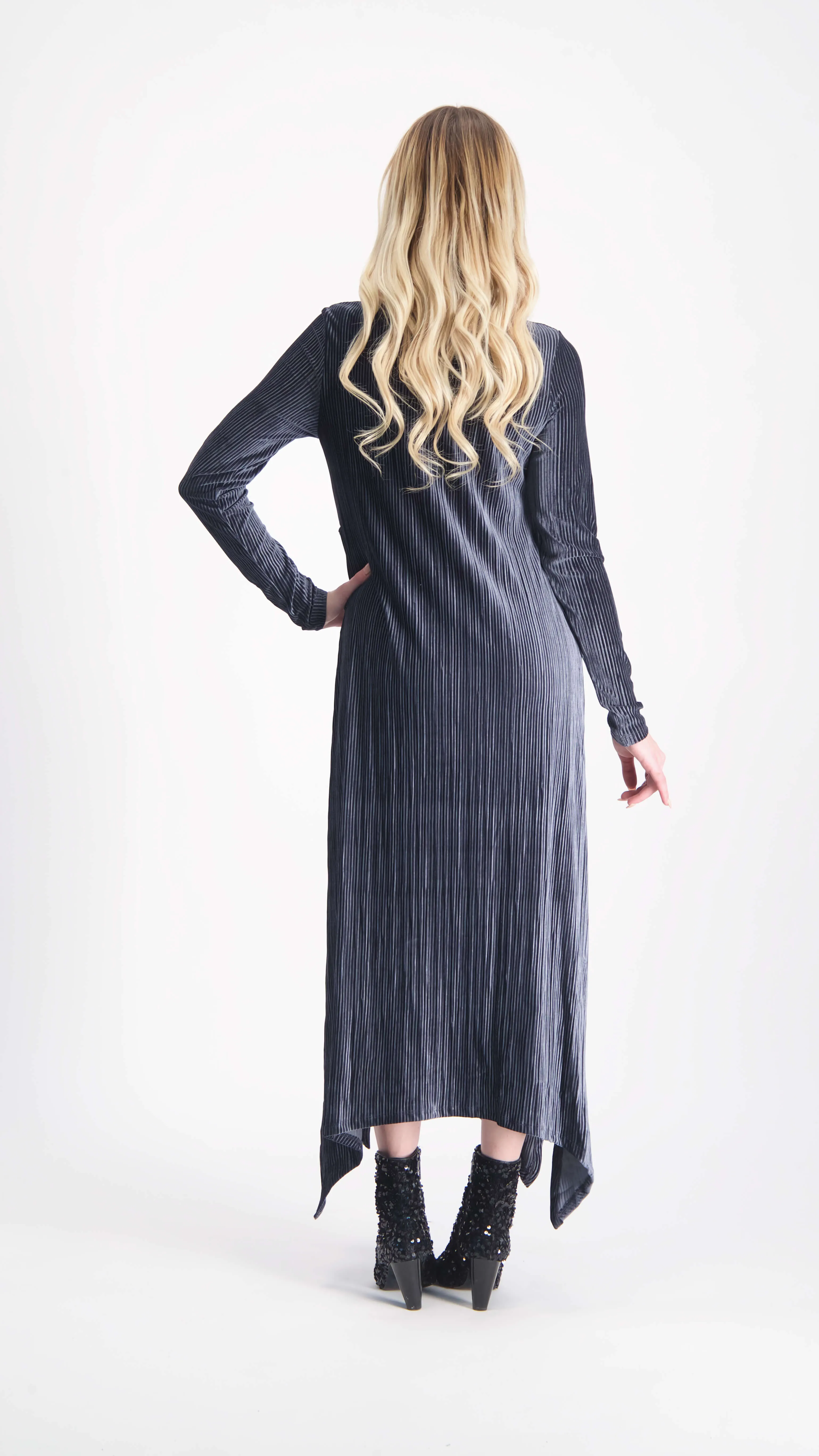 Asymmetric Ribbed Velvet Dress / Grey