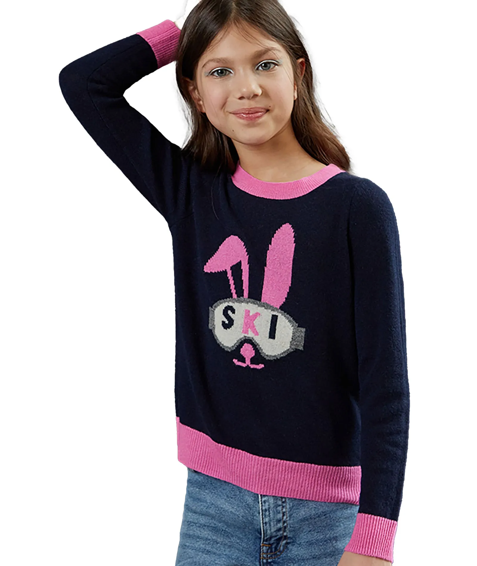 Autumn Cashmere Girls Navy/Pink Ski Bunny Crew Sweater