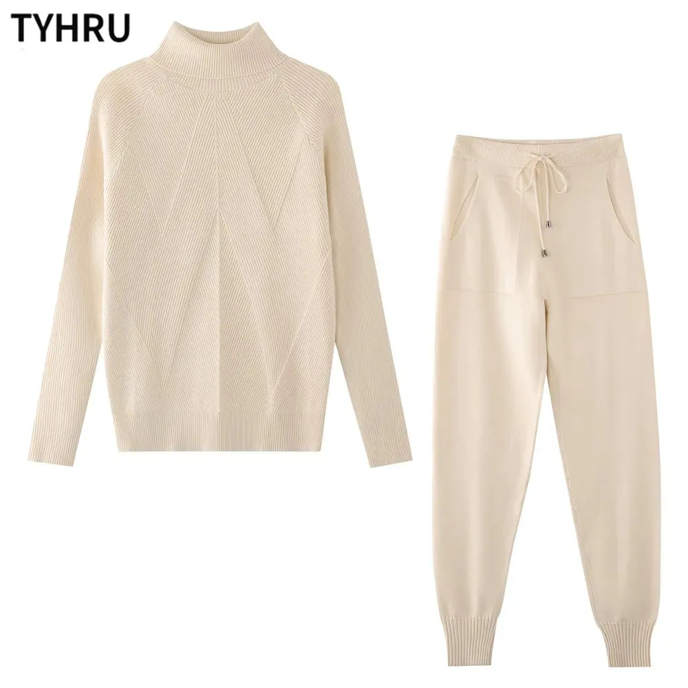 Autumn Winter Women's tracksuit Solid Color Striped Turtleneck Sweater and Elastic Trousers Suits Knitted Two Piece Set