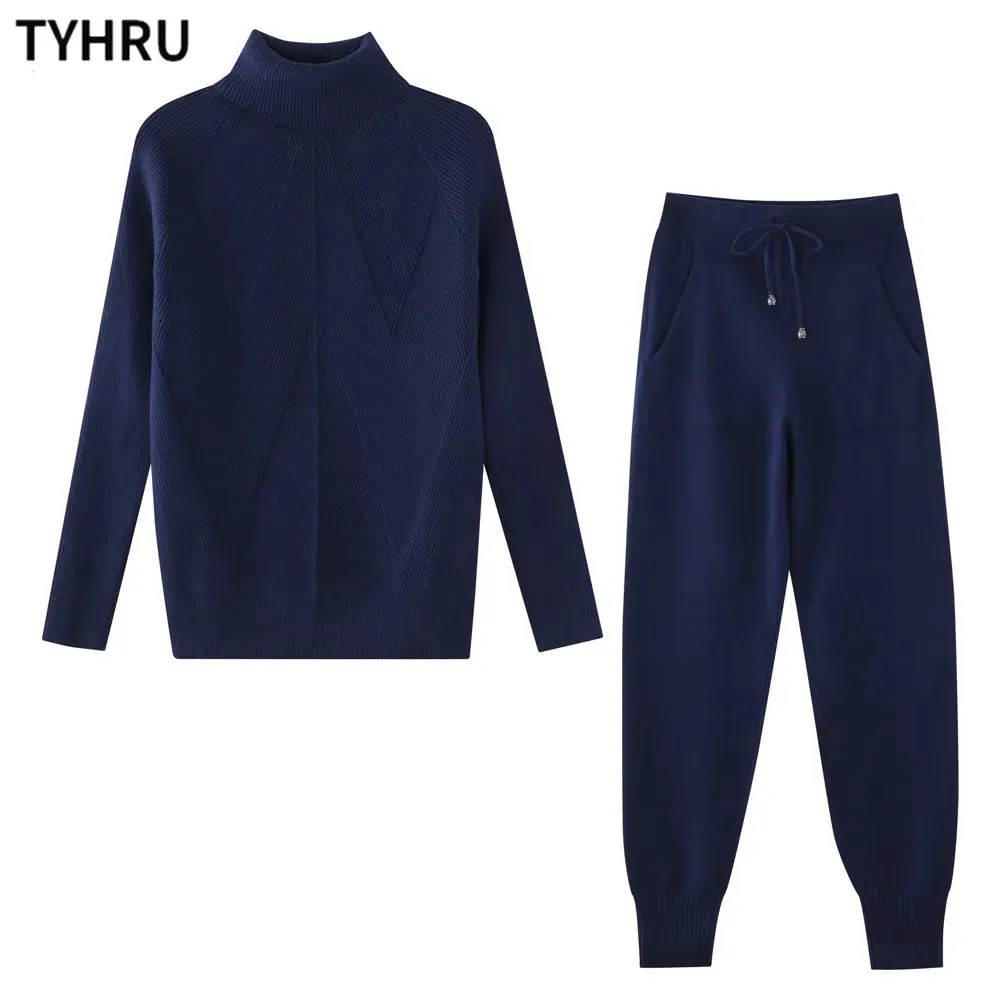 Autumn Winter Women's tracksuit Solid Color Striped Turtleneck Sweater and Elastic Trousers Suits Knitted Two Piece Set