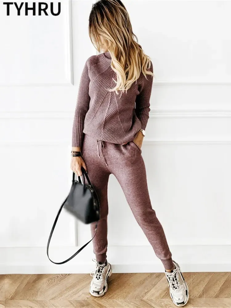 Autumn Winter Women's tracksuit Solid Color Striped Turtleneck Sweater and Elastic Trousers Suits Knitted Two Piece Set