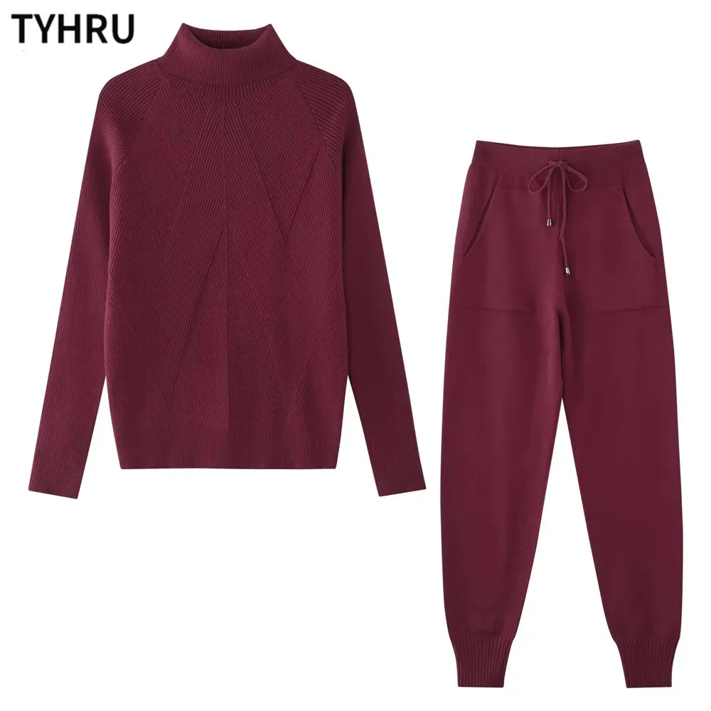 Autumn Winter Women's tracksuit Solid Color Striped Turtleneck Sweater and Elastic Trousers Suits Knitted Two Piece Set