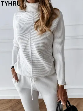 Autumn Winter Women's tracksuit Solid Color Striped Turtleneck Sweater and Elastic Trousers Suits Knitted Two Piece Set