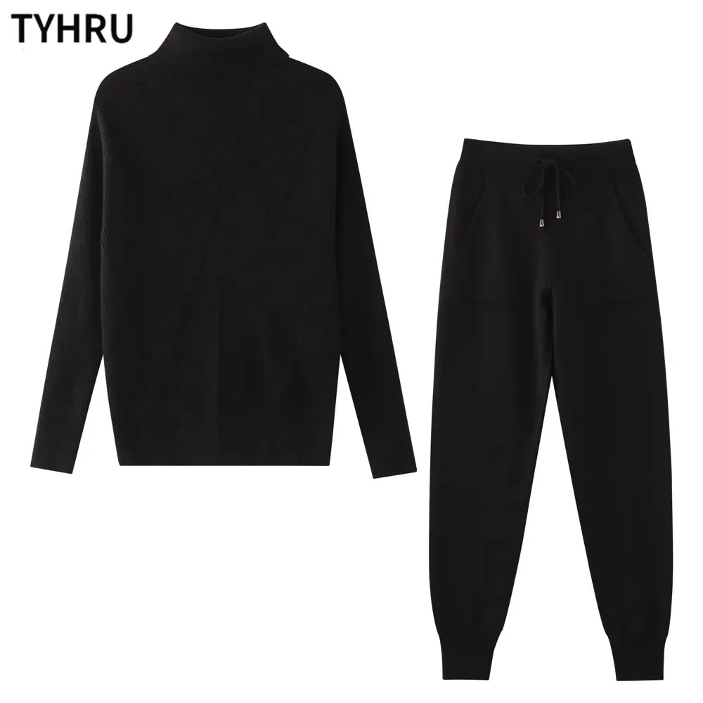 Autumn Winter Women's tracksuit Solid Color Striped Turtleneck Sweater and Elastic Trousers Suits Knitted Two Piece Set