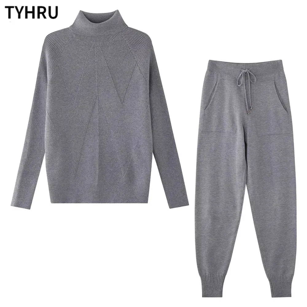 Autumn Winter Women's tracksuit Solid Color Striped Turtleneck Sweater and Elastic Trousers Suits Knitted Two Piece Set