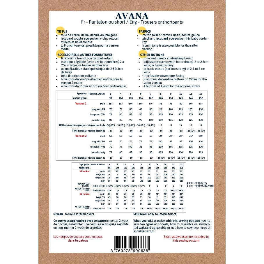 AVANA pants or shortpants- Girl 3/12 - PDF Sewing Pattern