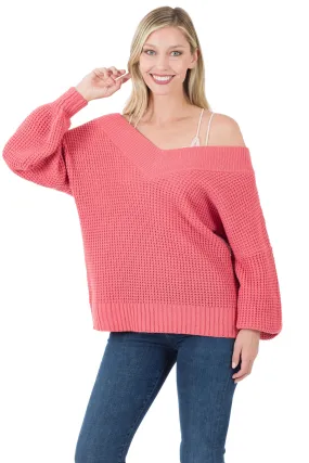 BALLOON SLEEVE WIDE DOUBLE V-NECK WAFFLE SWEATER