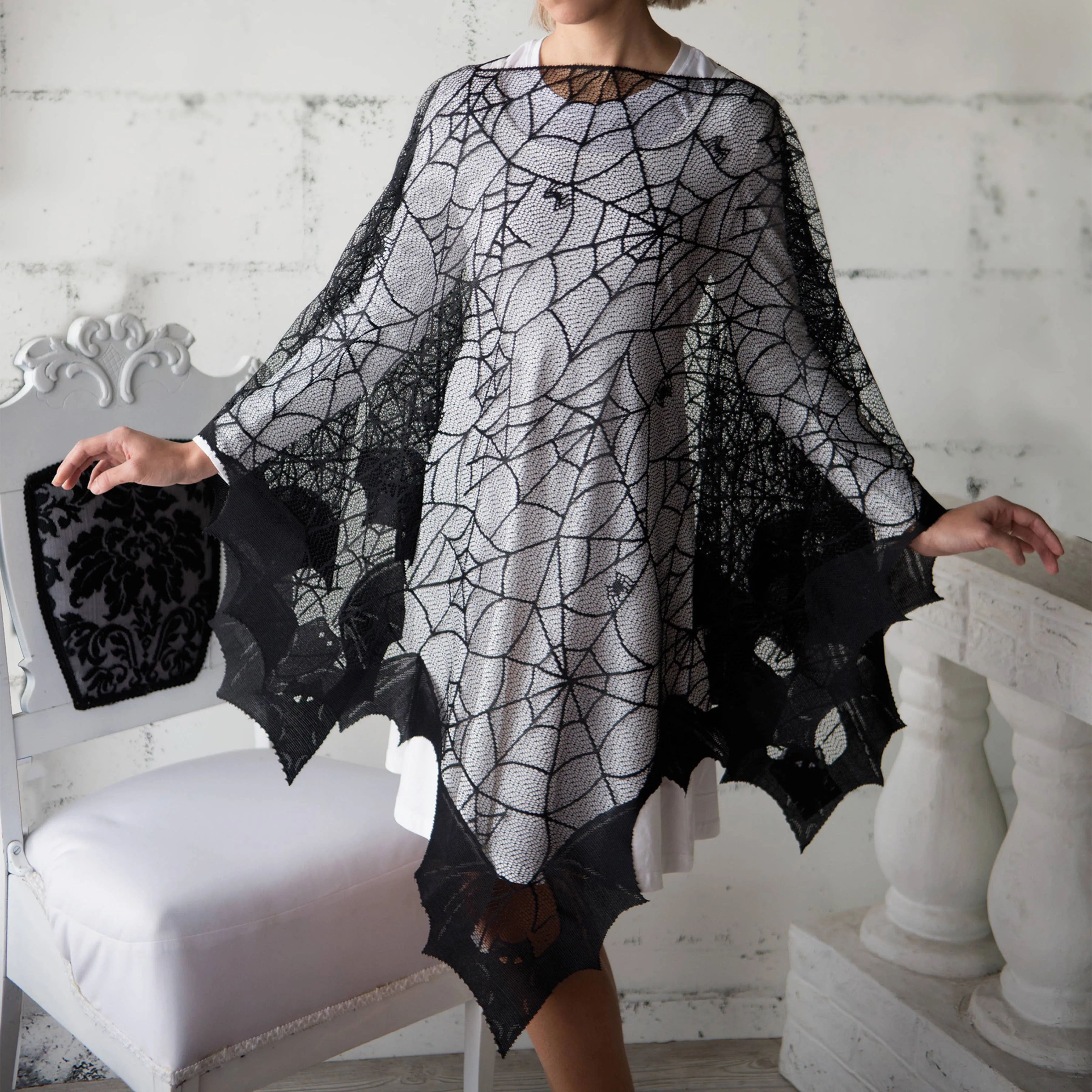 Bats Spider Web Lace Poncho Halloween Costume Black