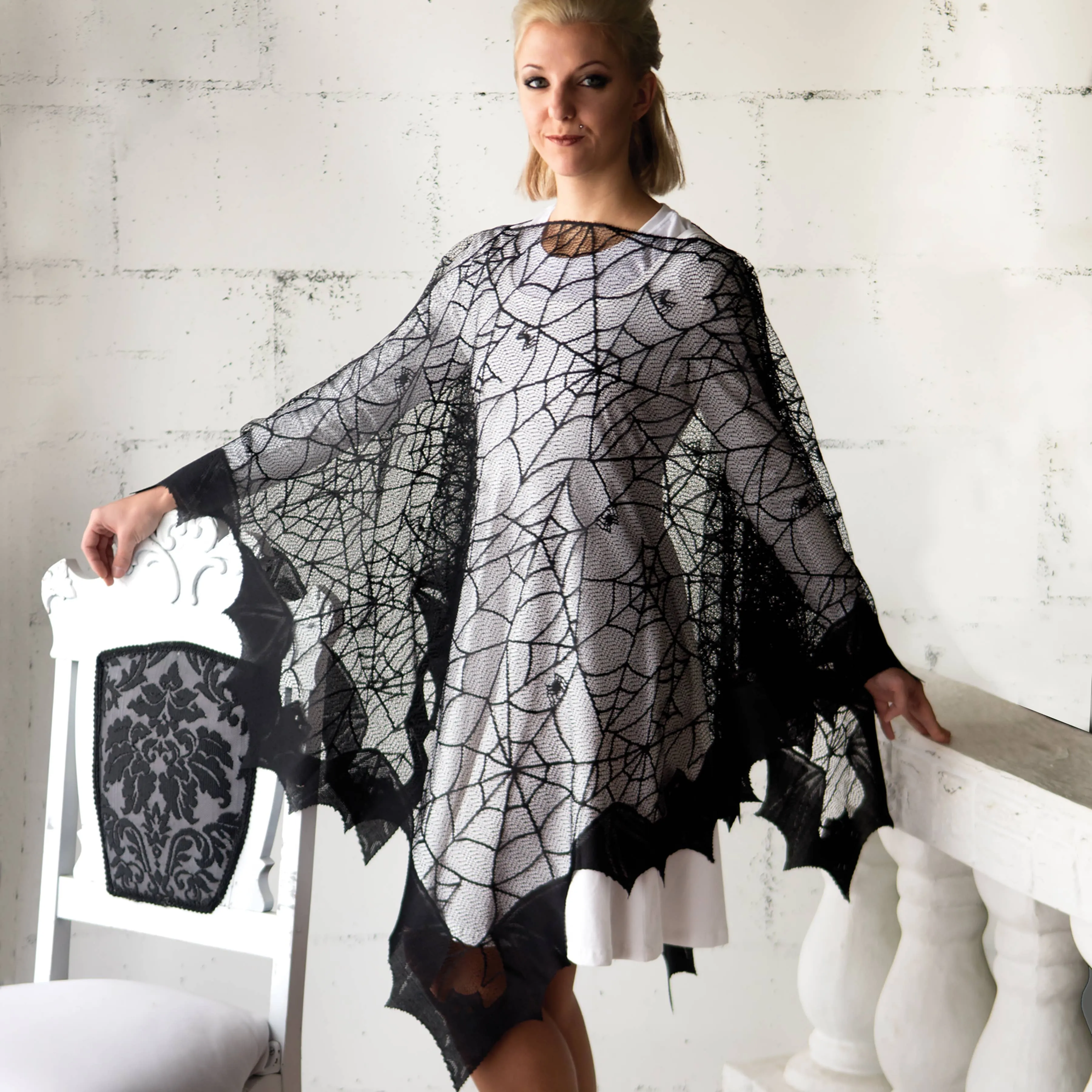 Bats Spider Web Lace Poncho Halloween Costume Black