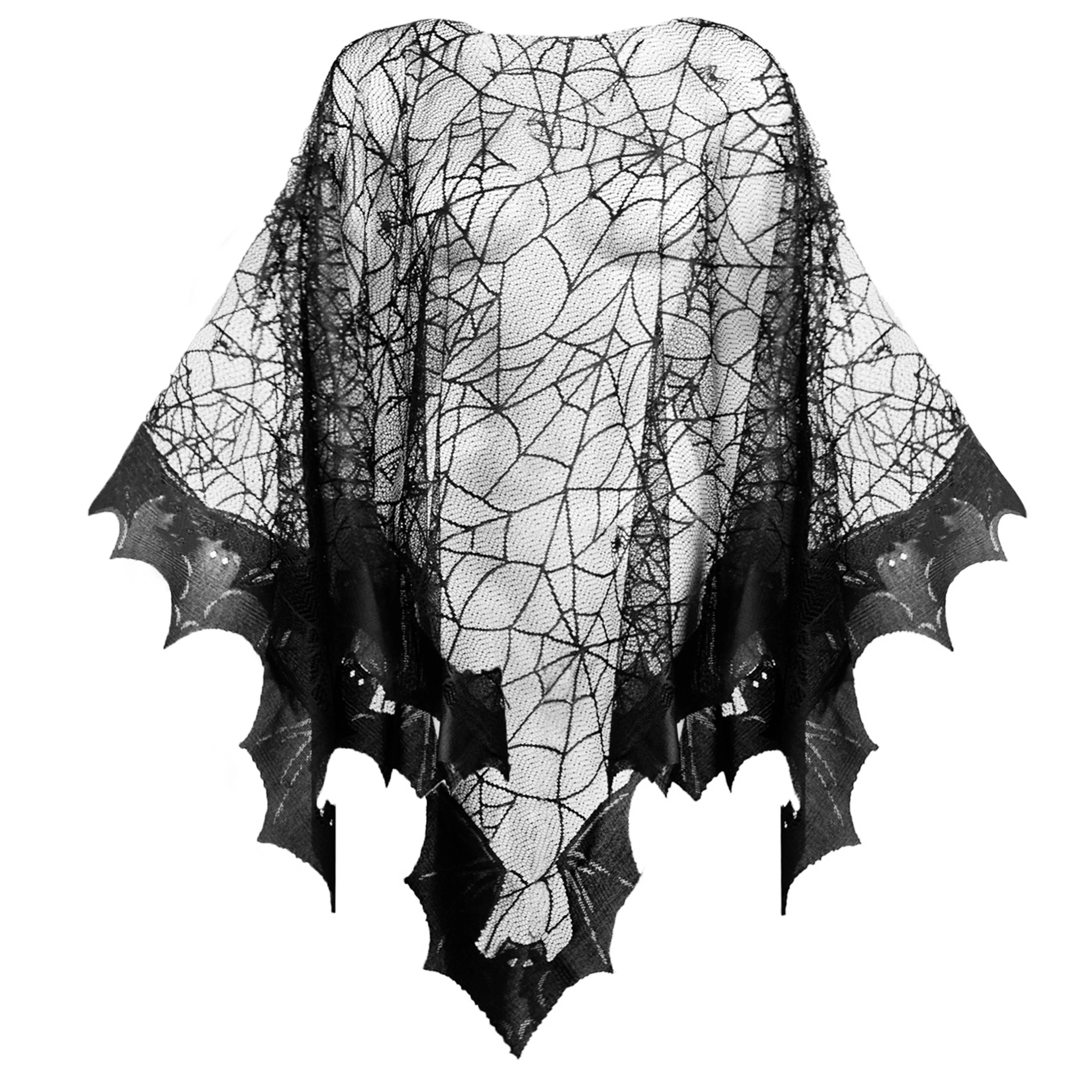 Bats Spider Web Lace Poncho Halloween Costume Black