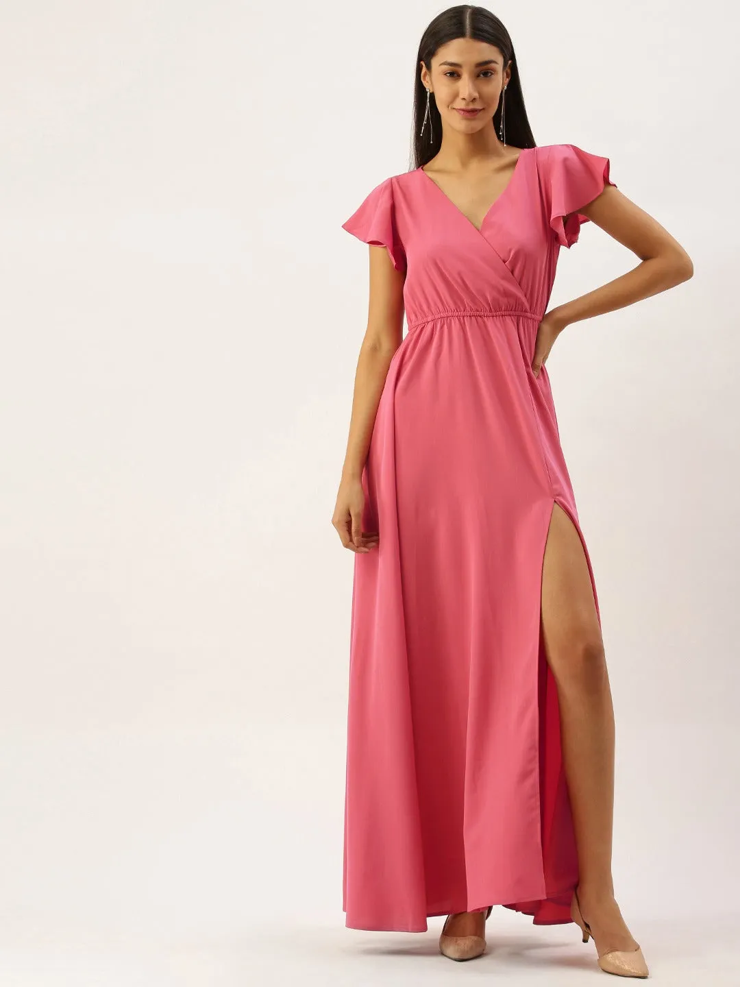 Berrylush Women Solid Pink V-Neckline Maxi Dress