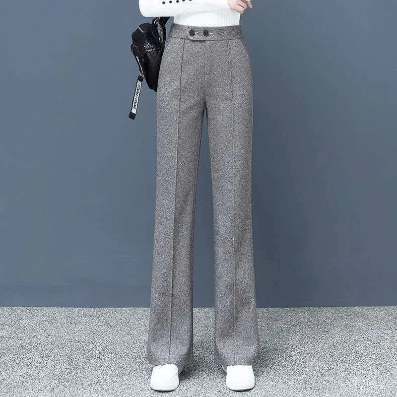 Big Size Thick Wool Blend Korean Woolen Wide Leg Winter Casual High Waist Loose Pants