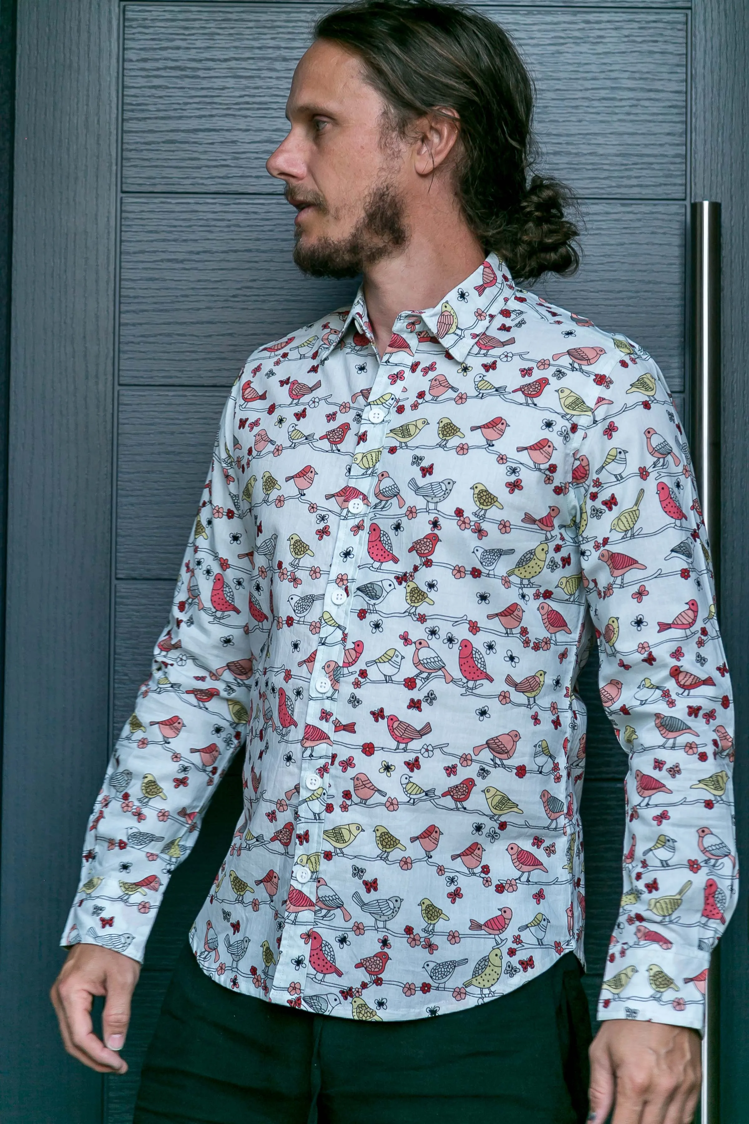 Birds Floral Print Cotton Slim Fit Mens Shirt Long Sleeve