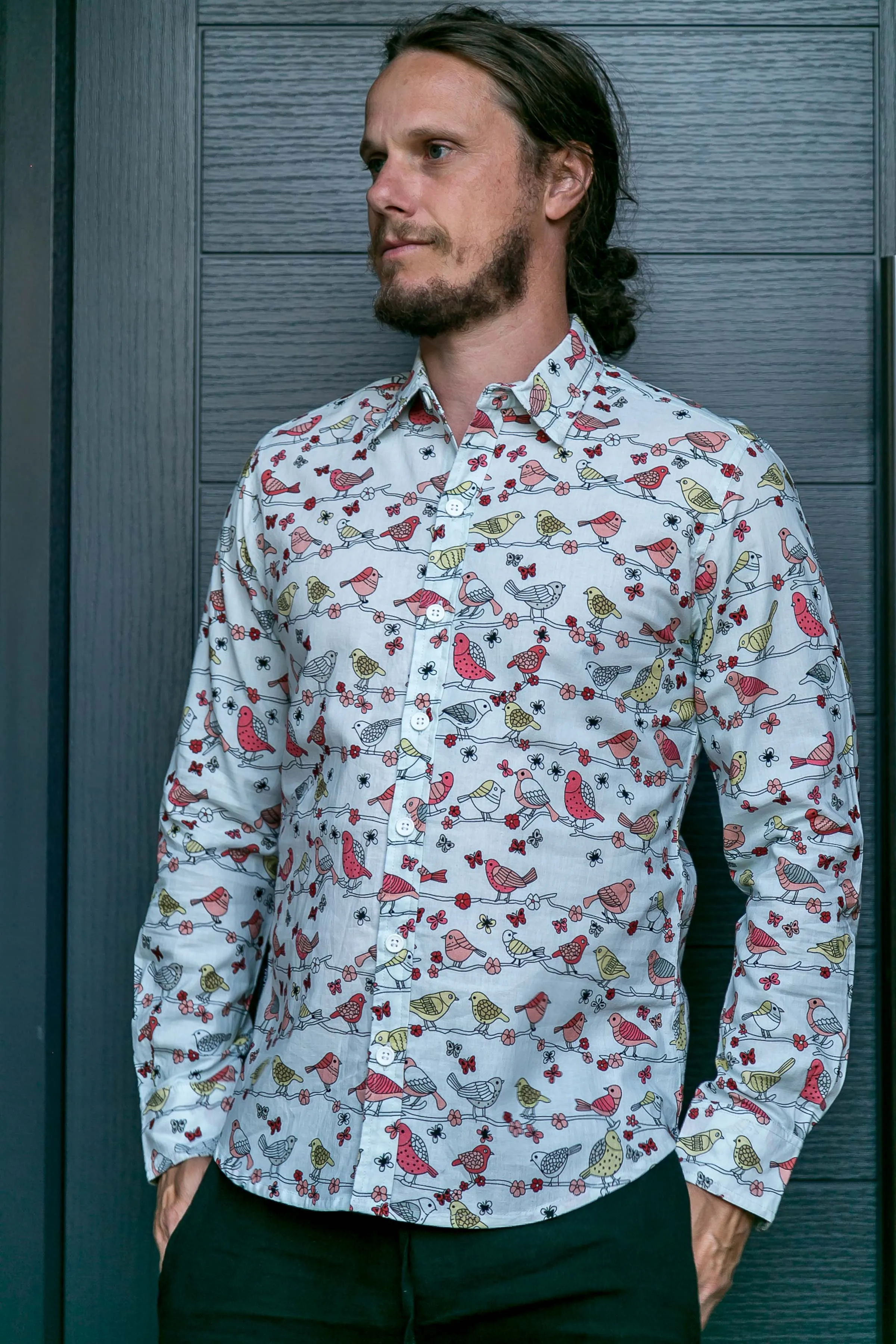 Birds Floral Print Cotton Slim Fit Mens Shirt Long Sleeve