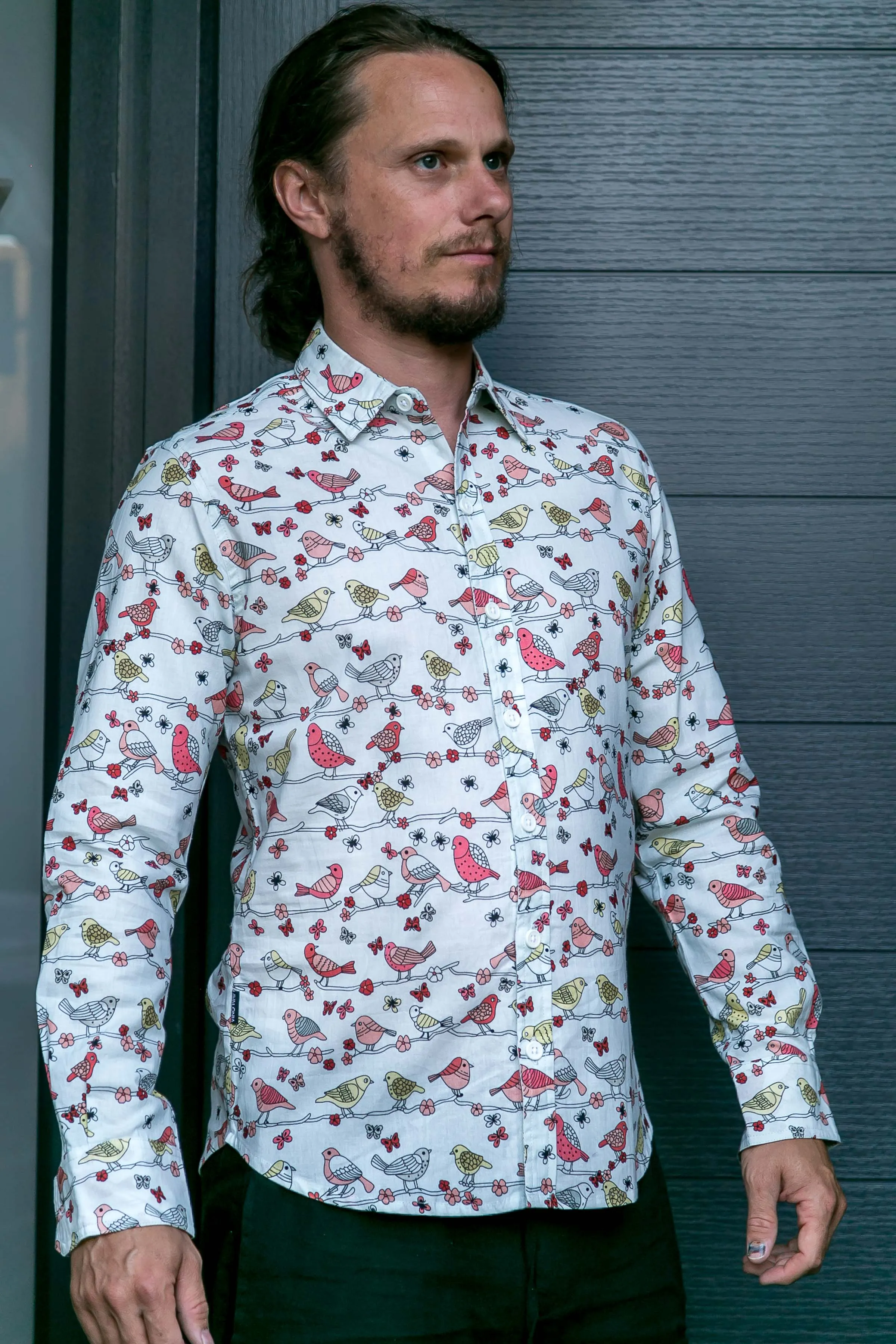 Birds Floral Print Cotton Slim Fit Mens Shirt Long Sleeve