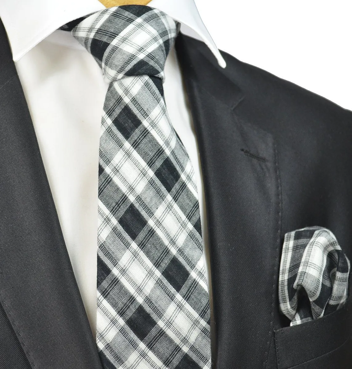 Black and White Plaid Cotton and Linen Necktie