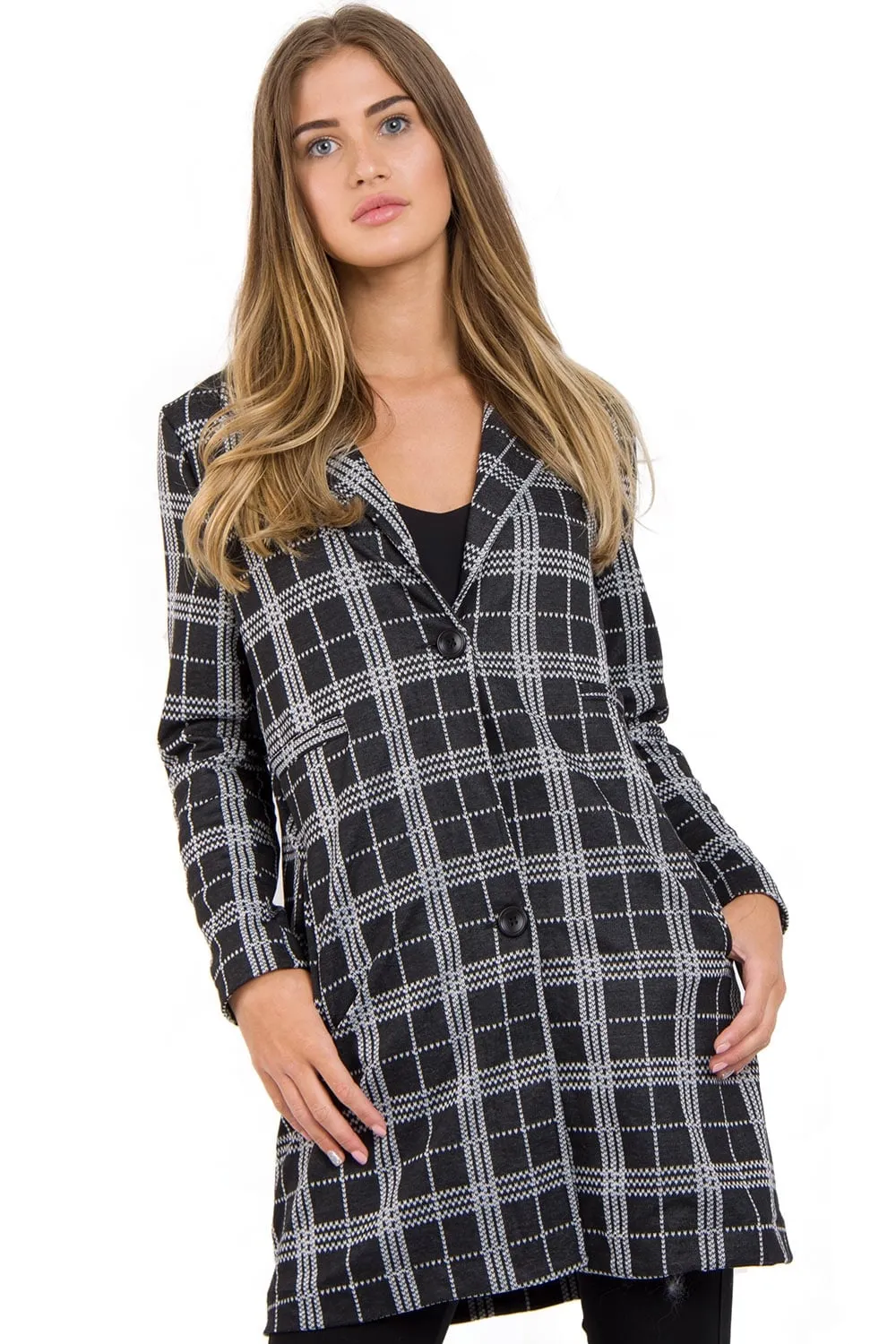 Black Tartan Check Print Duster Jacket