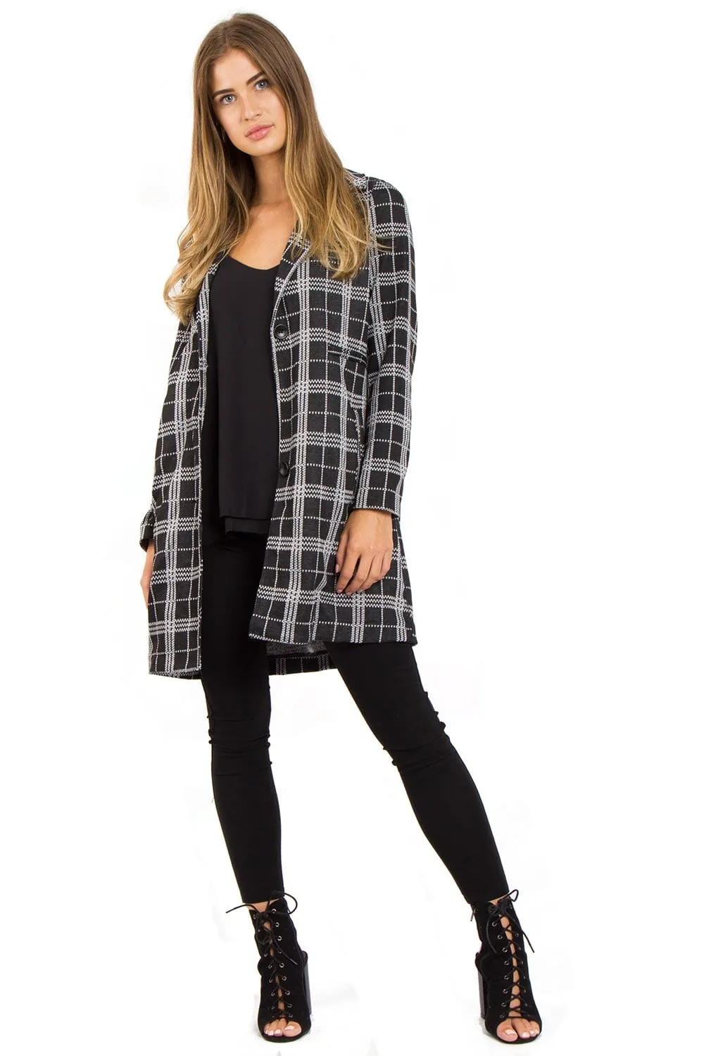 Black Tartan Check Print Duster Jacket